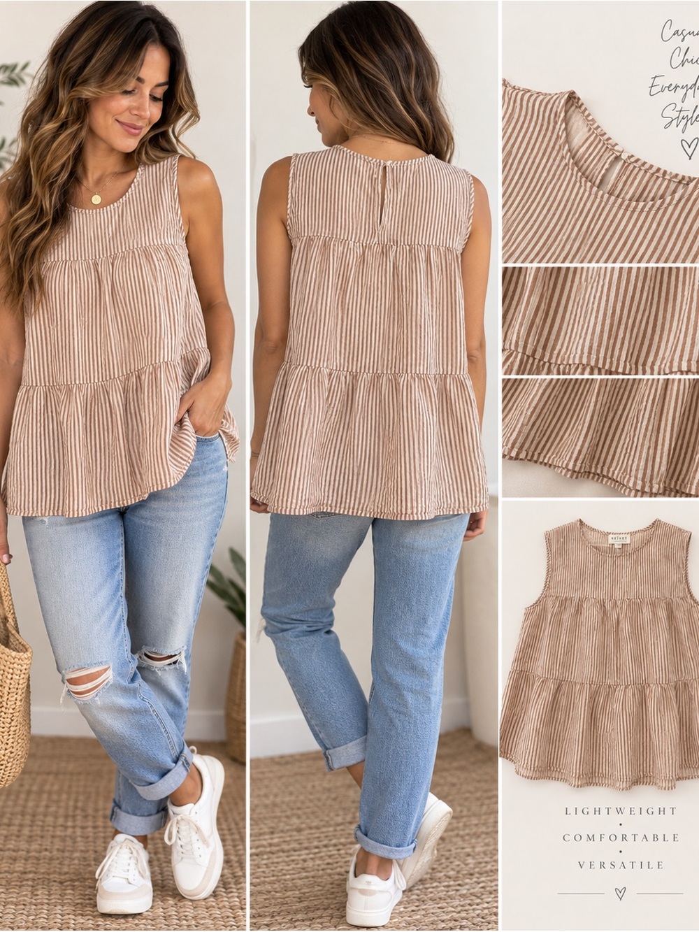 Velvet Brown & Cream Striped Sleeveless Tiered Babydoll Top